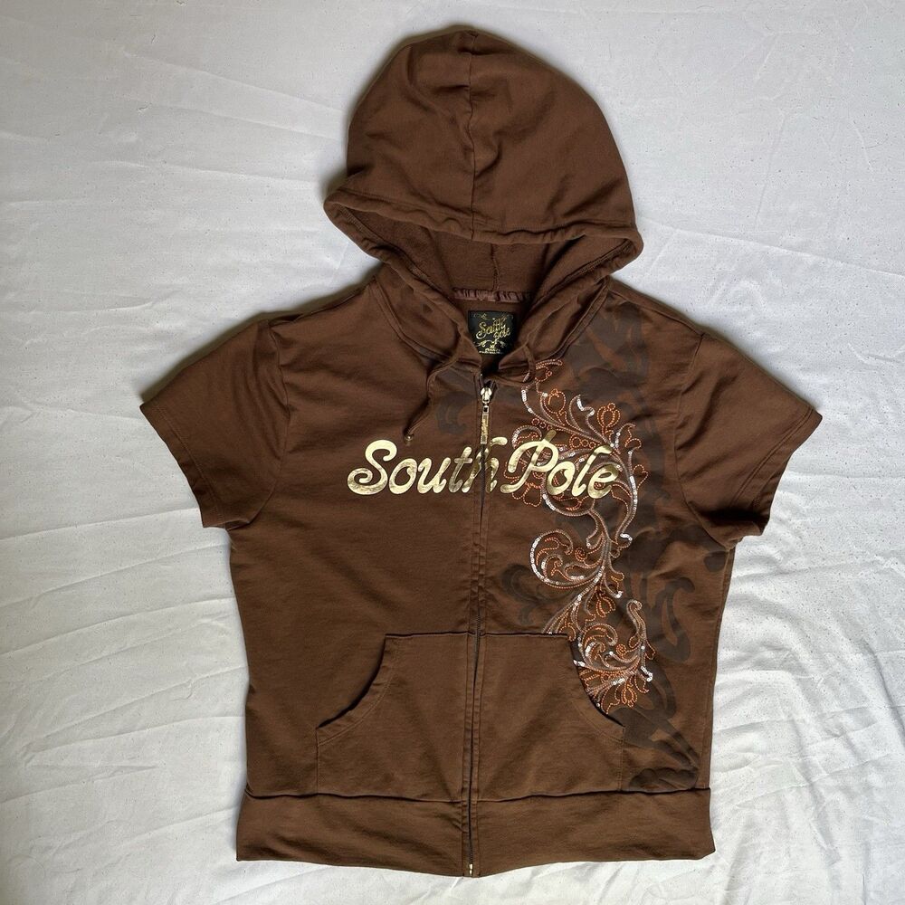 VTG Y2K South Pole Short Sleeve Hoodie Women's XL Brown W/ Sparkly Gold Letters